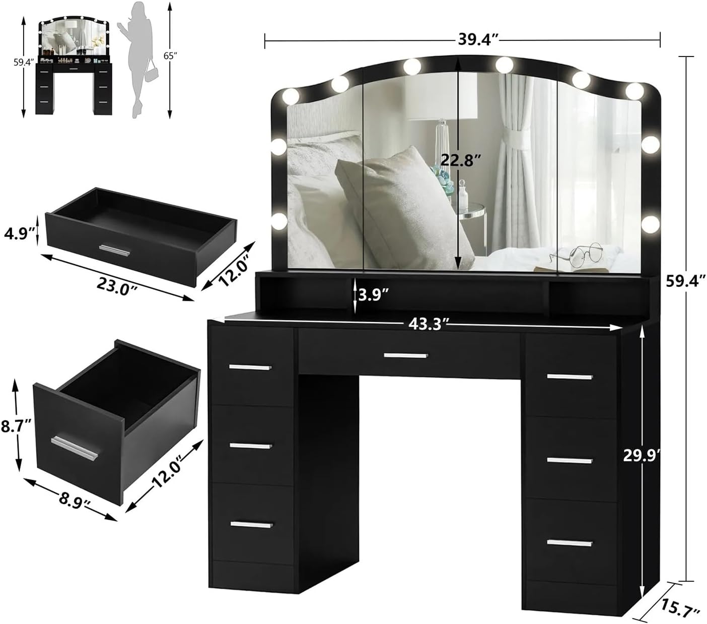 Modern 43.3 inches Black Vanity Desk with Large Lighted Mirror Makeup Vanity Table LED Lights 7 Drawers Storage Shelf Shelves Dressing Drawer Dresser Bedroom Home Wood New