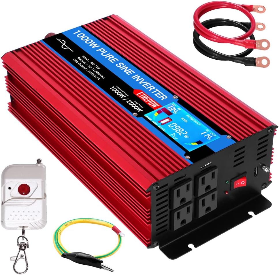 ETREPOW 3000 Watt Pure Sine Wave Inverter 12V to 110V 120V with LCD Display, 4 AC Sockets, 2.1A USB Port, Dual Fans and Wireless Remote Control-Off-Grid Inverter for RV, Automotive 6000W Peak