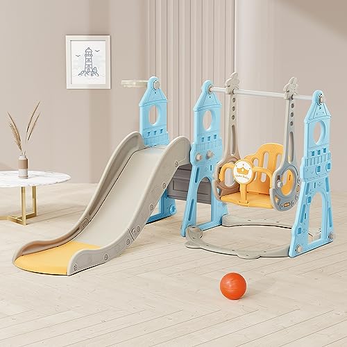 4-in-1 Toddler Slide and Swing Set with Extra Large Playground, Basketball Hoop & Climber, Indoor/Outdoor Playset, Castle Collection - Blue & Yellow
