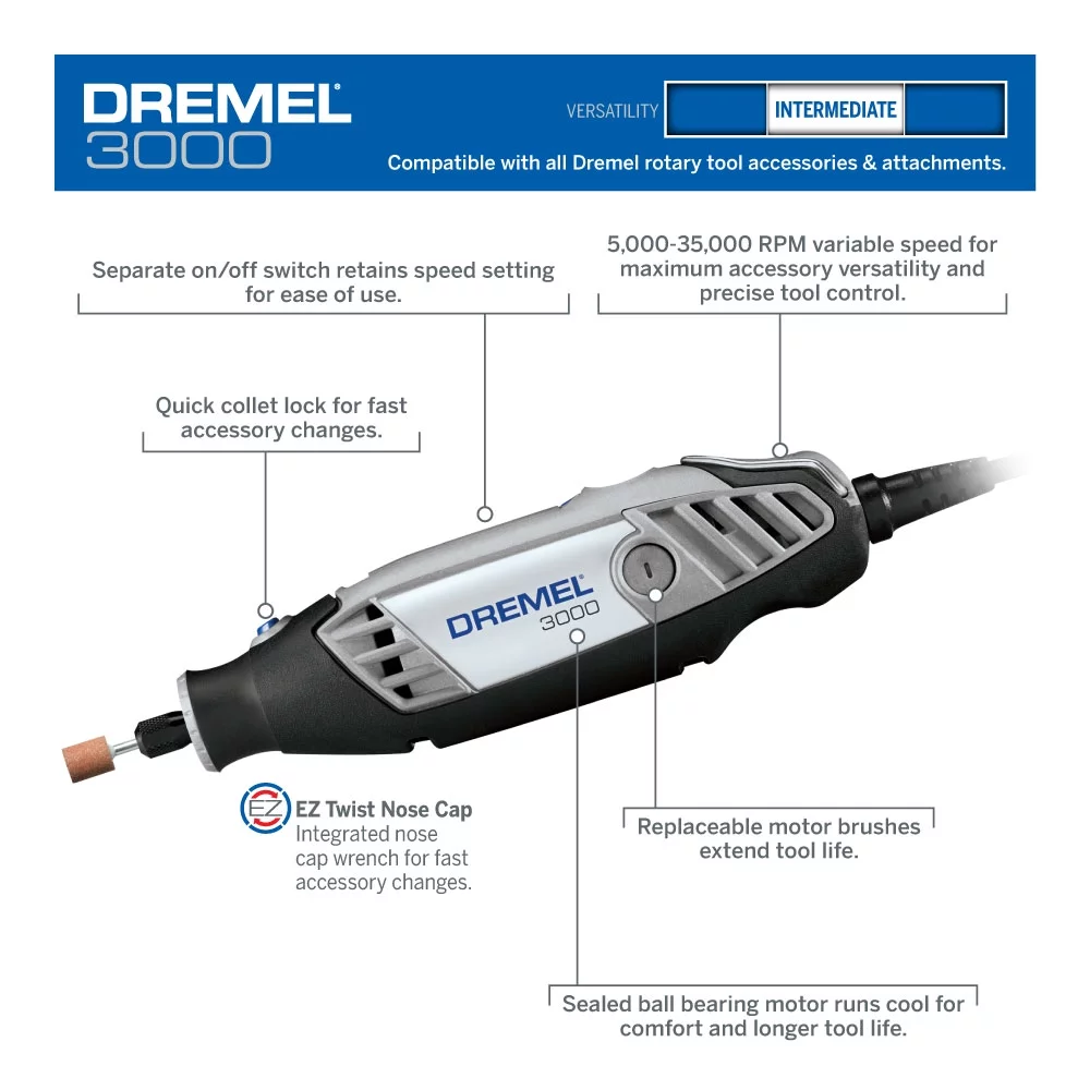 Dremel 3000-2/28 Variable Speed Rotary Tool Kit, 2 Attachments & 28 Accessories, Perfect for Routing, Metal Cutting, Wood Carving, and Polishing