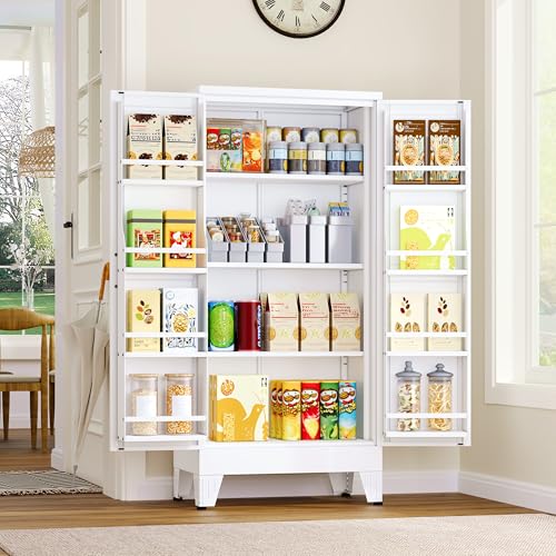 75.2" Tall Metal Pantry Cabinet, Storage Cabinets with 4 Door and 4 Adjustable Shelves, Black Kitchen Pantry Storage Cabinet, Freestanding Cupboard for Kitchen Dining Room Living Room Bathroom