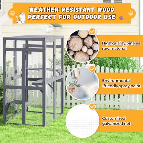 Catio Outdoor Cat Enclosure, Wooden Catio with Window Access for Patio, Indooe Kitty House (Black)