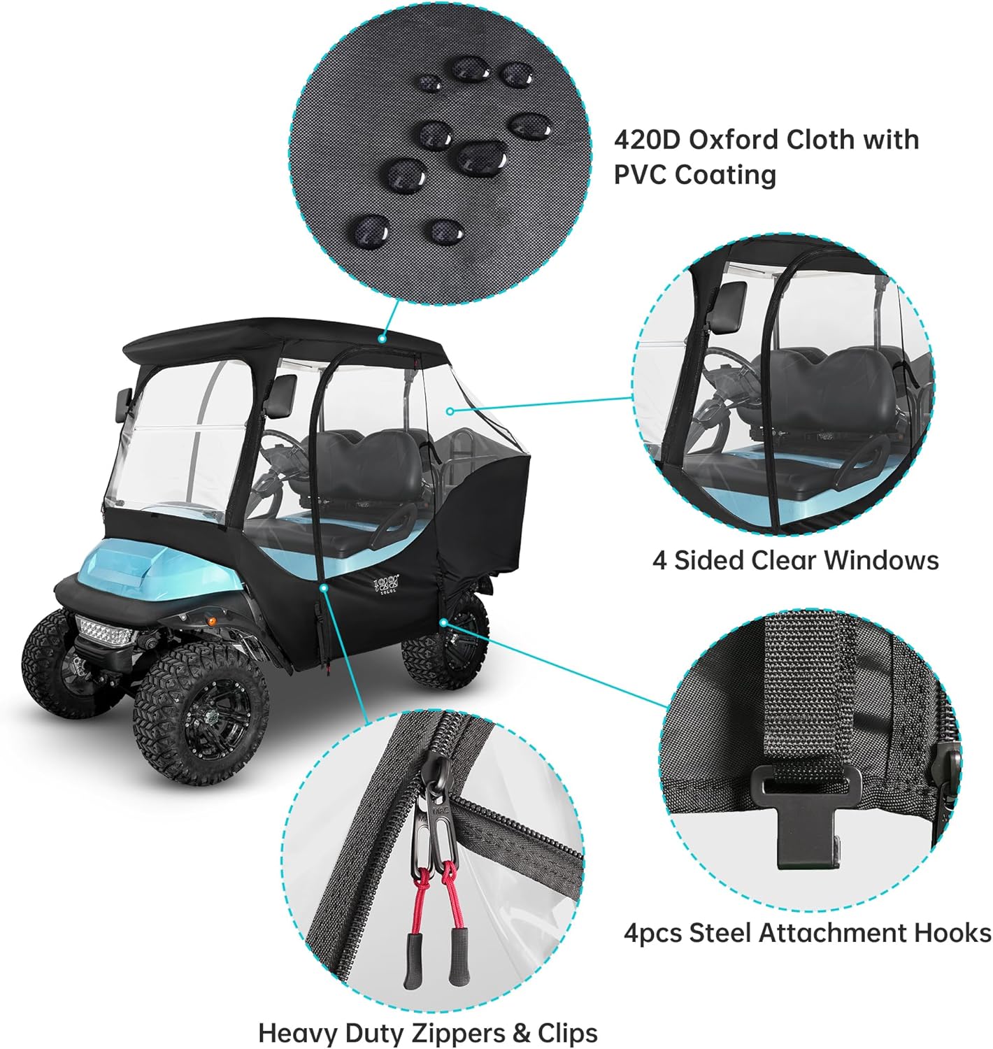 10L0L 4 Passenger Golf Cart Driving Enclosure for Club Car Precedent with Short Roof Up to 57", 4-Sided Clear Window 420D Rain Cover All Weather Windproof Waterproof