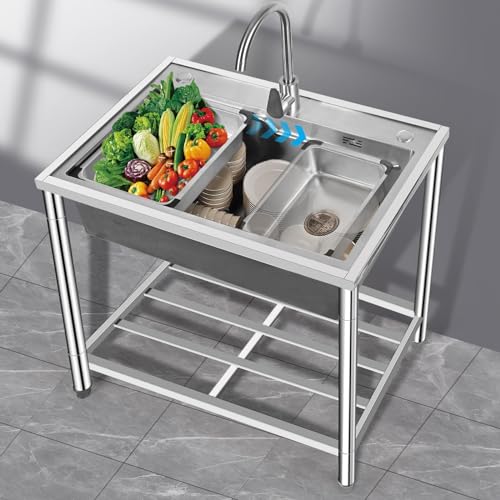 Stainless Steel Freestanding Sink,Freestanding Camping Single Bowl Sinks,Outdoor Utility Sinks,with Cold and Hot Water Pipe Faucet,for Outdoor Indoor,Garage Laundry Utility Room.