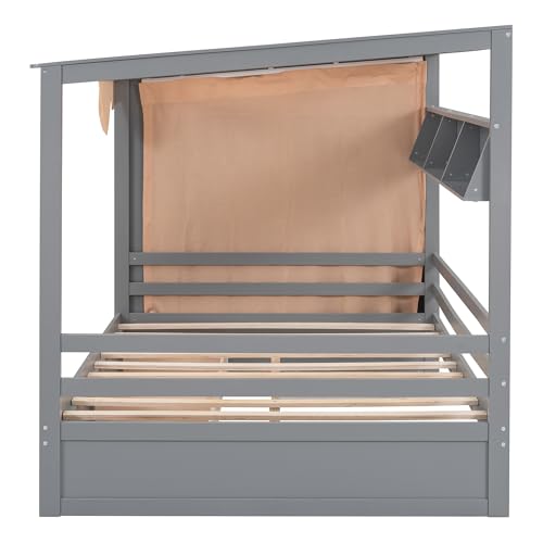 Multi-functional Twin Size House Bed with 2 Drawers and Built-in Wardrobe, Solid Wood Daybed Platform Bed Frame with Curtain Fabrics and Shelves, Maximising Space (Grey-Curt)