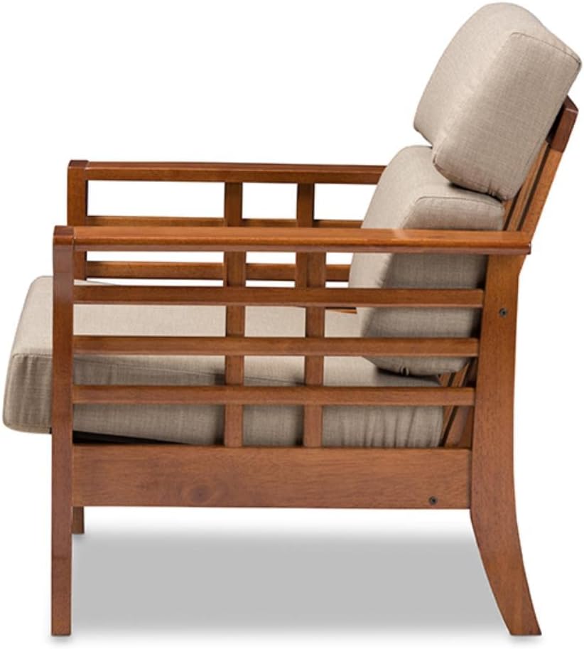 Baxton Studio Larissa Modern Classic Mission Style Cherry Finished Brown Wood and Dark Beige Fabric High Back Cushioned Living Room 1-Seater Lounge Chair