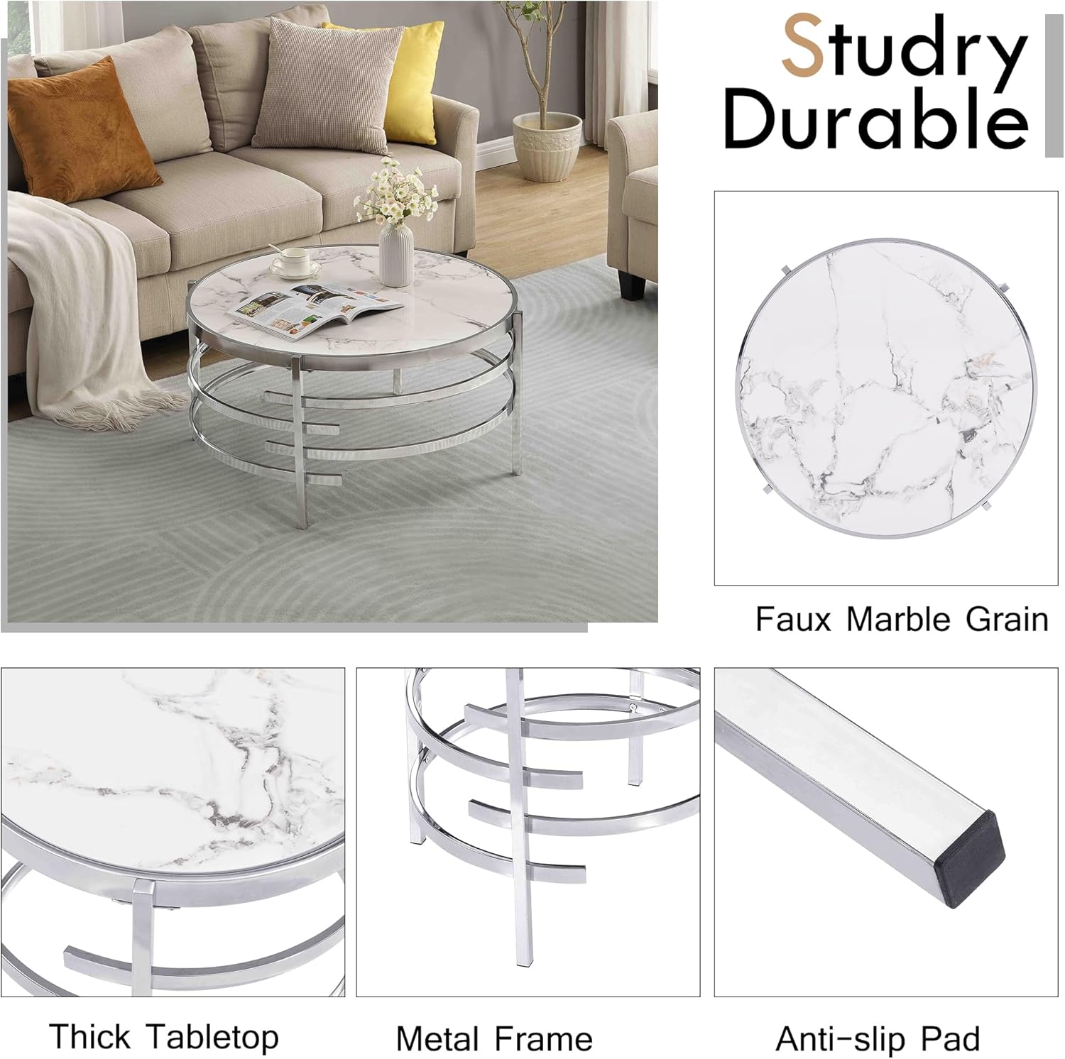 Goujxcy Modern Round Coffee Table, Elegant Coffee Table with Faux Marble Sintered Stone & Irregular Silver Metal Frame, 32.5in Cocktail Tea Table Center Table for Living Room Apartent Small Place