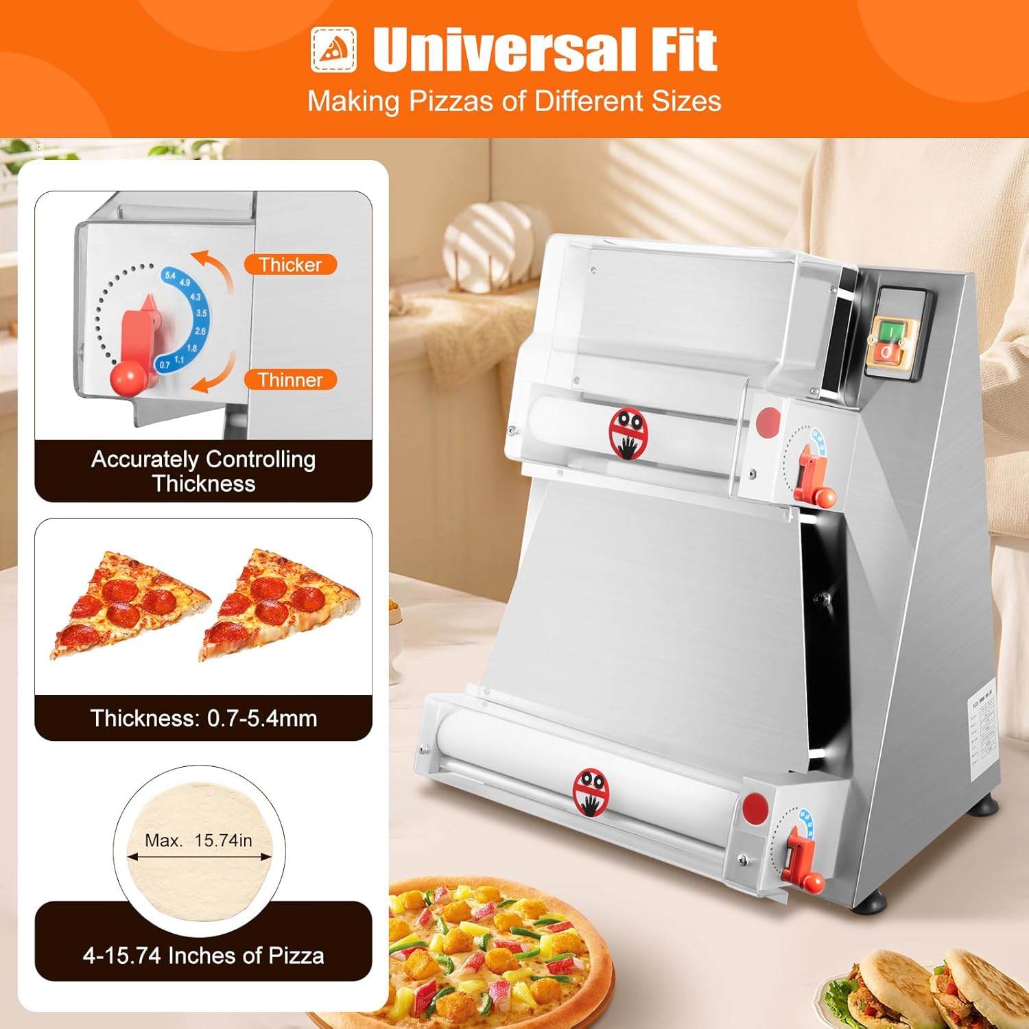 15 Inch Pizza Press Machine Commercial Dough Roller Sheeter Automatic Large Pasta Maker Machine 370W Electric Pizza Dough Sheeter for Noodle Pizza Bread and Pasta Maker Equipment Thickness 0.7-5.4mm