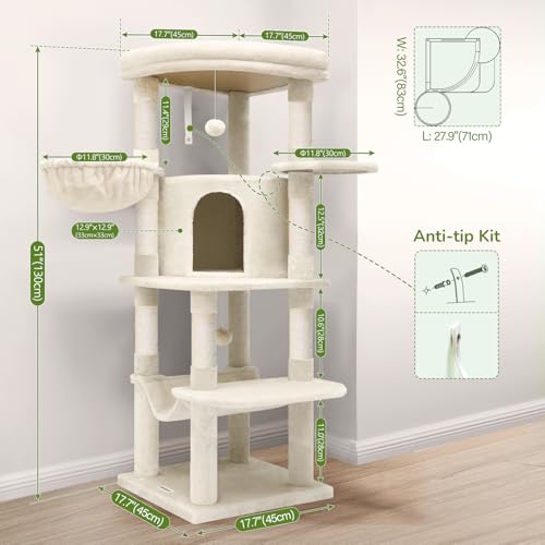 Globlazer Corner Cat Tree for Large Cats, 66inch Tall Curved Series Large Cat Tower for Multiple Indoor Cats with 6 Scratching Posts, 2 Spacious Cat Condos, Hammock, Hanging Basket, C66, Beige