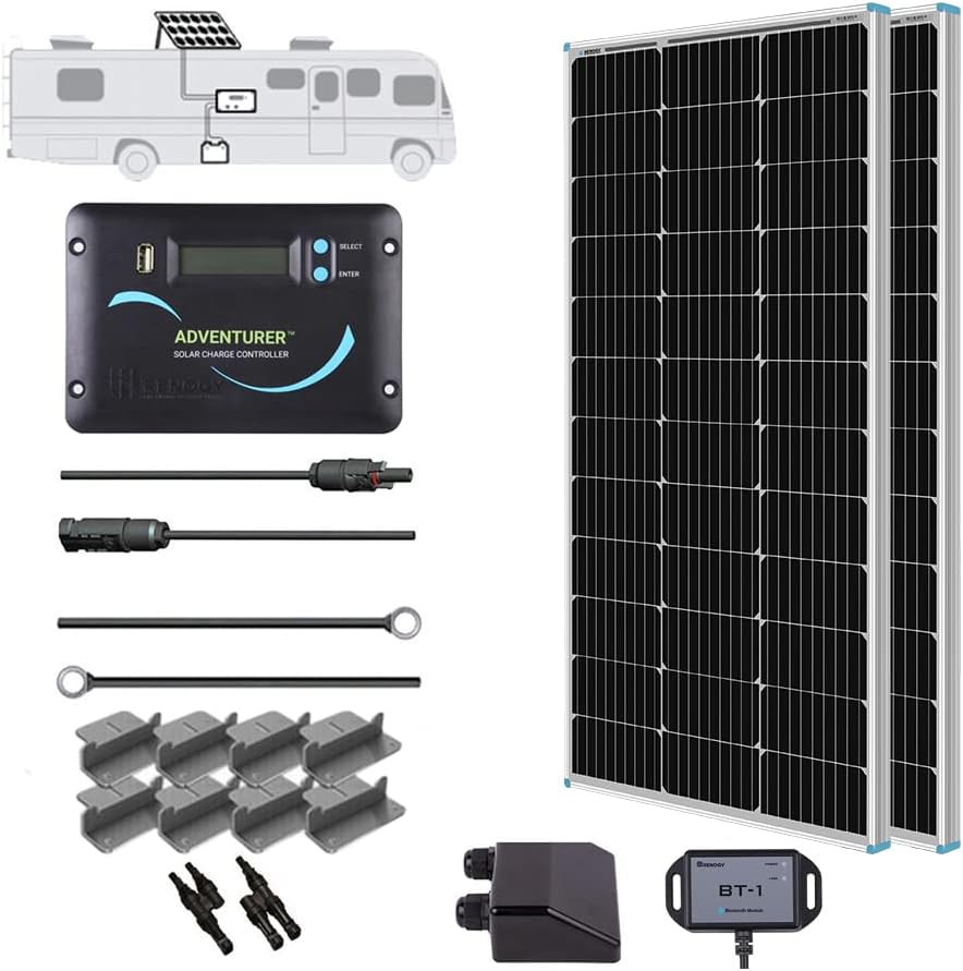 Renogy 400 Watts 12 Volts Monocrystalline Solar RV Kit Off-Grid Kit with Adventurer 30A PWM LCD Charge Controller+ Mounting Brackets+ Male and Female Connectors+Solar Cables+Cable Entry housing