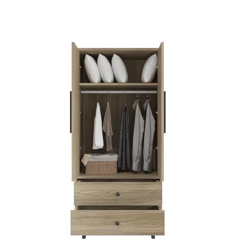 4 Door Armoire Wardrobe Closet Cabinet with 2 Drawers, Wood Bedroom Wardrobe Cabinet with Adjustable Shelves and Hanging Rod, Large Capacity Storage Wardrobe Armoire for Bedroom (Oak 3)
