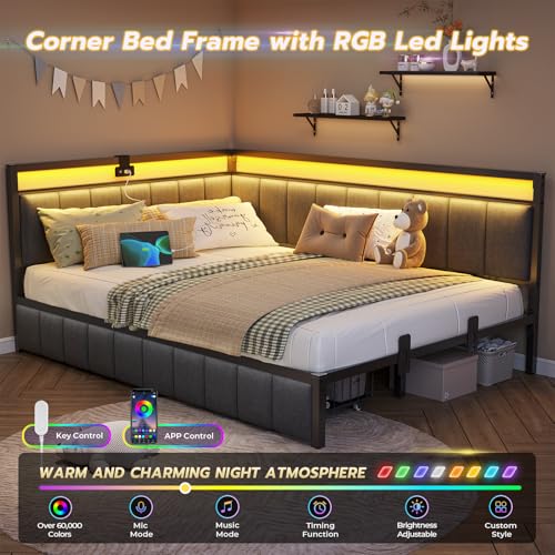 DICTAC Corner Full Bed Frame with 2 Storage Drawers and Charging Station Full Size Platform Bed Frame with Led Lights and Upholstered Guardrail Daybed for Living Room, Bedroom and Guest Room, Gray