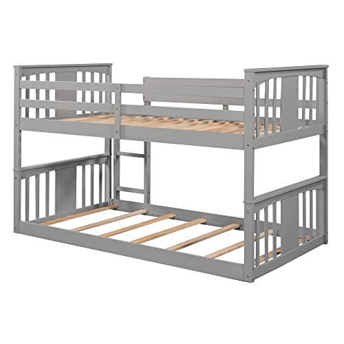 Harper & Bright Designs Low Bunk Bed for Kids Teens, Solid Wood Twin over Twin Floor Bunk Beds with Ladder and Guard Rail (New, Gray)