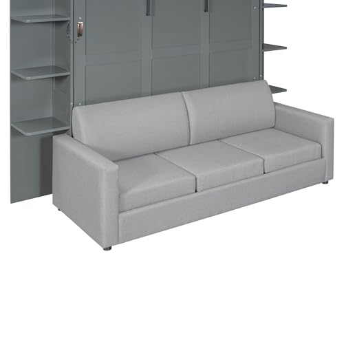 Polibi Queen Size Murphy Bed - Multi-Functional Wall Bed with Sofa Cushion, Folds into Cabinet, Ideal for Guest Room/Home Office/Gym, Gray