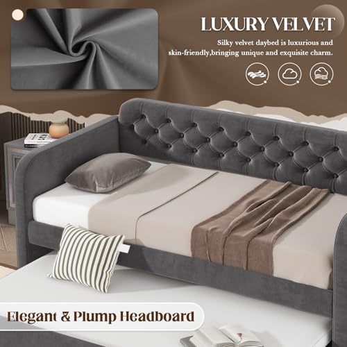 Antetek Twin Daybed with Trundle, Upholstered Velvet Daybed w/Pull Out Trundle Bed, USB Ports, Button Tufted Day Bed Frame for Living Room, Apartment, No Box Spring Needed, Beige