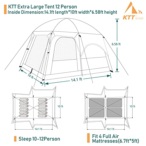 KTT Extra Large Tent 10-12-14 Person(Style-B),Family Cabin Tents,2 Rooms,3 Doors and 3 Windows with Mesh,Straight Wall,Waterproof,Double Layer,Big Tent for Outdoor,Picnic,Camping,Family Gathering