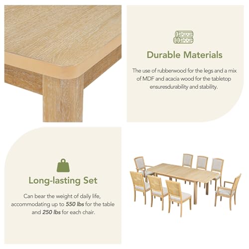 Dining Table Set for 8, Extendable Dining Table Set with Removable Leaf, Kitchen Table Set with Upholstered Side Chair and Arm Chair for Dining Room
