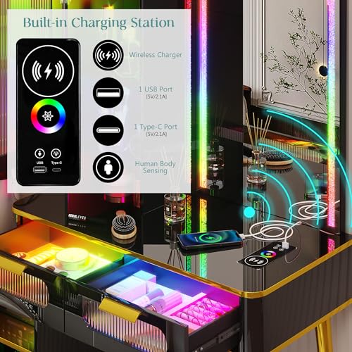 RGB LED Vanity Desk with Mirror and Lights, Makeup Vanity Table with Charging Station, 7 Dynamic and 24 Static Dimmable Vanity Set, Dressing Table with Jewelry Organizer, Gifts for Women/Girls, Black