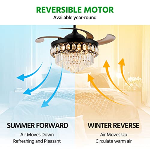 48" Black Chandelier Ceiling Fan with Lights and Remote Control Retractable Modern Fandelier Ceiling Fan with Light 6-Speed LED Dimmable Crystal Ceiling Fan Invisible for Bedroom Living Room