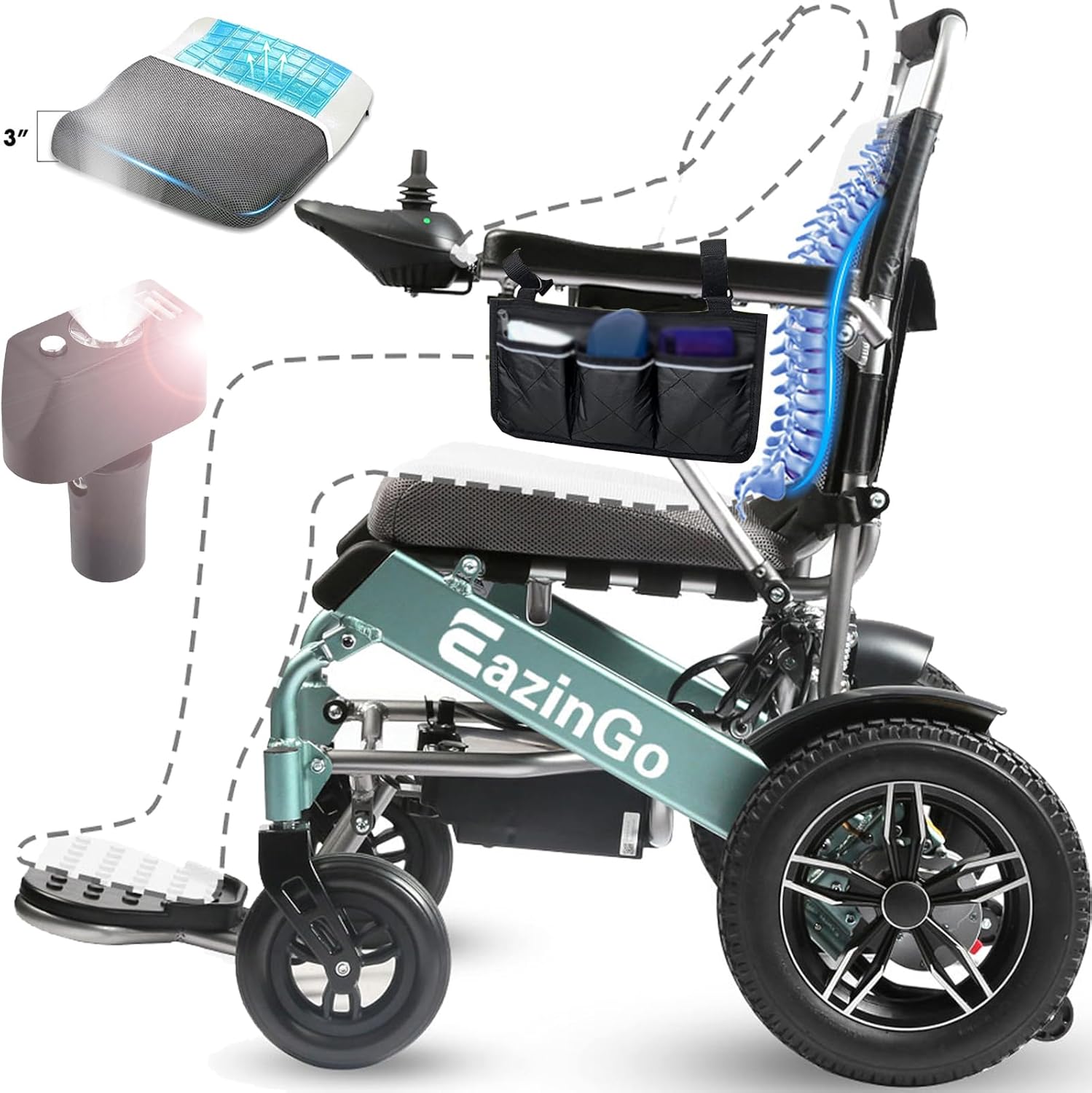Electric Wheelchairs for Adults, Upgrade Seat Cushion Contains Cooling Gel, with LED Llight and Sidebag, Electric Wheelchairs, Lightweight Electric Wheelchair