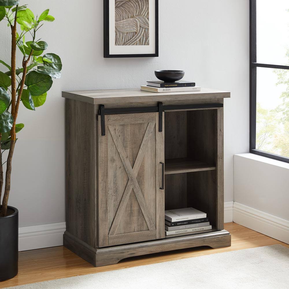 Walker Edison Furniture Company 32 in. Grey Wash Rustic Farmhouse Sliding Barn Door Rustic Accent Cabinet