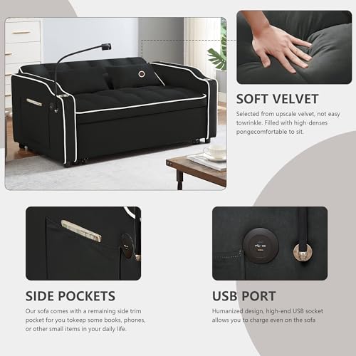 55" Convertible Sofa Bed, 3-in-1 Sleeper Sofa with Pull-Out Bed, Velvet Futon Couch with Reclining Backrest and Side Pocket & Cup Holder & Swivel Phone Stand & USB, Black