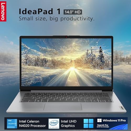 Lenovo IdeaPad 1 Business Laptop - 14" HD Display, Intel Celeron N4020, 4GB RAM, 192GB Storage(128GB eMMC + 64GB SD Card), ‎Intel UHD Graphics, Wi-Fi 6, Windows 11 Pro, with Laptop Stand