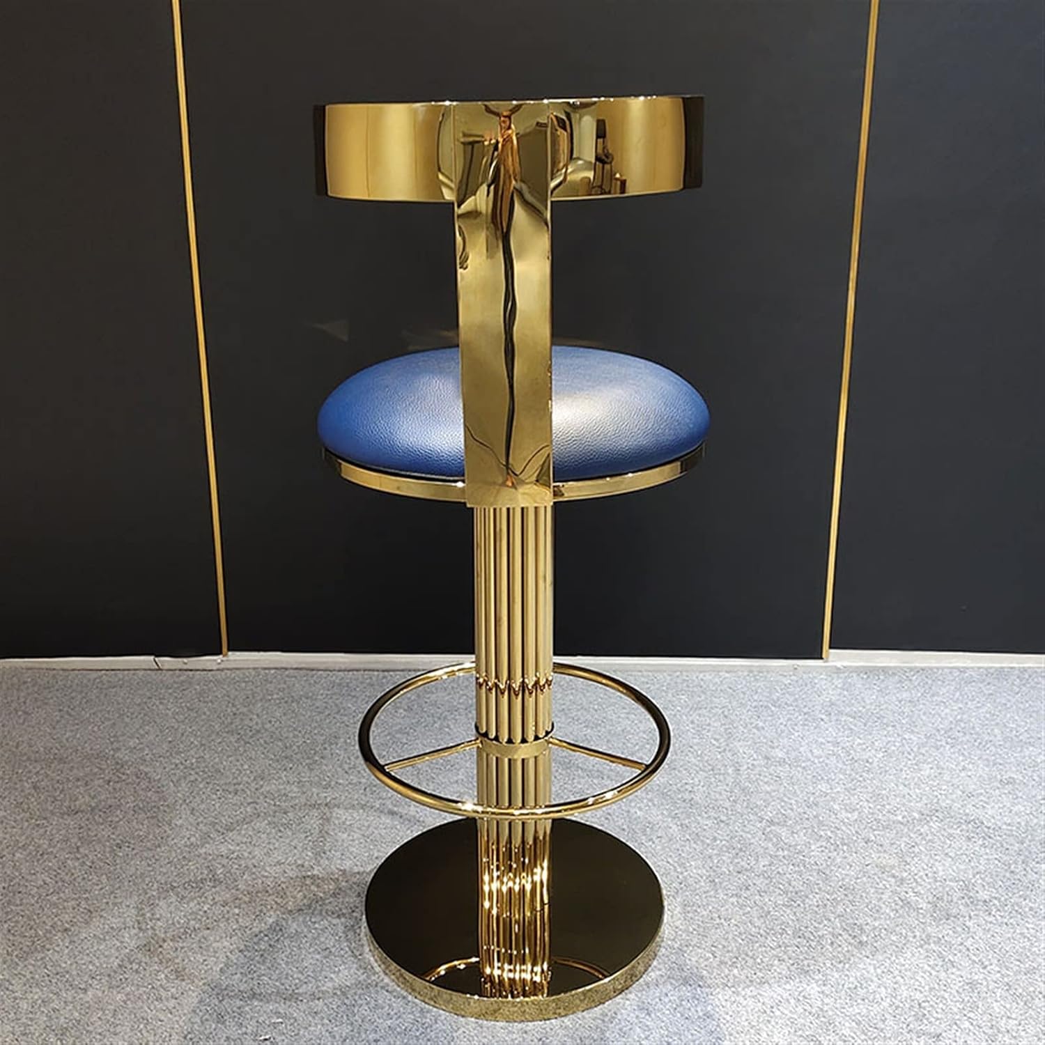 Modern and Fashionable High-end Bar Stools with Backrest 360-degree Rotating Bar Stools Stainless Steel Microfiber Leather Household Creativity 45X68X95CM (Champagne Gold + Blue)