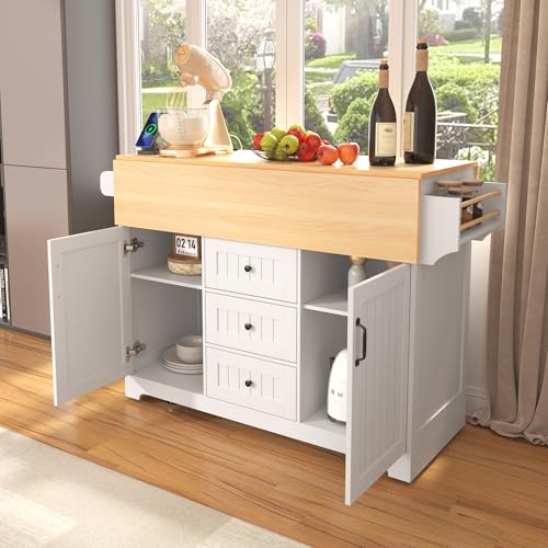 Large Kitchen Island Cart with 2 Drop Leaf, Mobile Dining Table with Storage Cabinet, Rolling Kitchen Cart with Power Outlets, 3 Drawers, Spice & Towel Rack