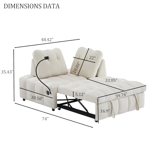 48" Convertible Sleeper Sofa Couch Bed,3-in-1 Velvet Tufted Pull Out Couch with USB&Type-C Charge Ports and Phone Holders,Comfy Modern Loveseat Sleeper Chaise Lounge for Living Room,Small Space(Grey)