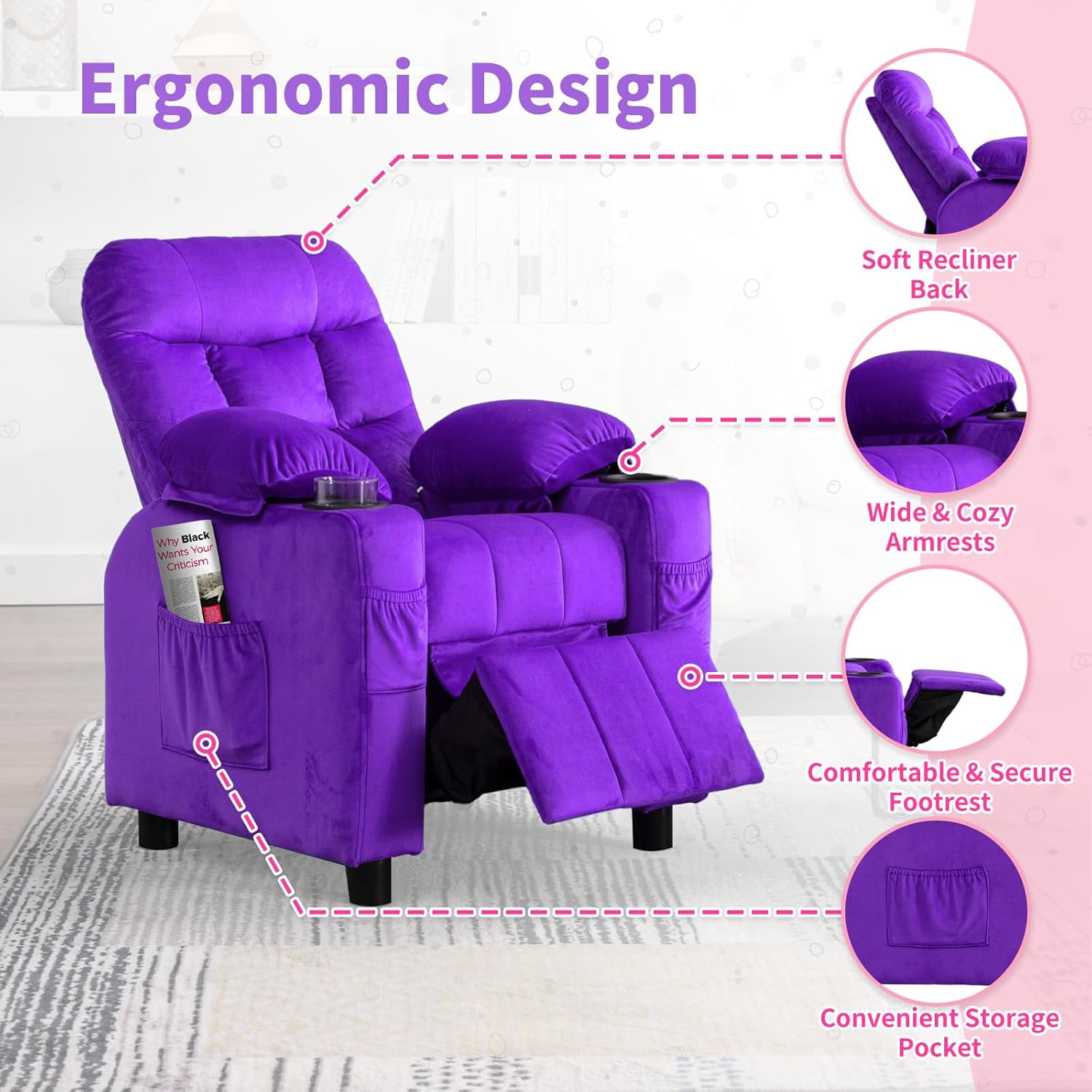 Kids Recliner, Toddlers Kids Recliner Chair with Cup Holder, Ergonomic Adjustable Velvet Lounge Chair with Footrest & Side Pockets, Toddlers Kids Baby Sofa for Boys Girls Bedroom (Purple)