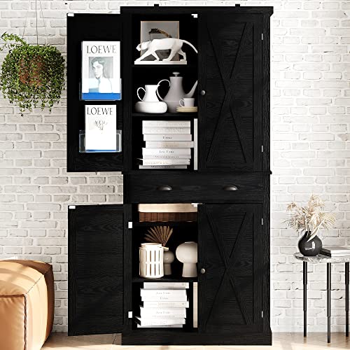 IRONCK Kitchen Pantry Storage Cabinet 72.6" H, with Barn Doors, Drawer, 4 Adjustable Shelves, Freestanding Cupboard for Dining Room Living Room, Laundry, White