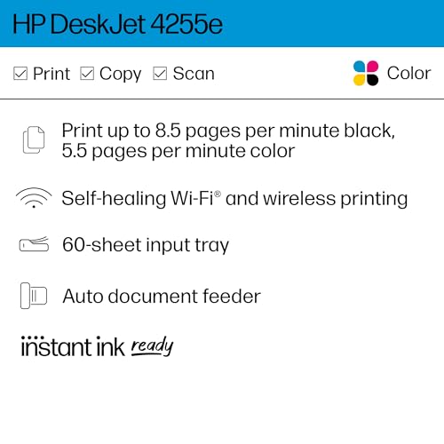 HP DeskJet 4255e Wireless All-in-One Color Inkjet Printer, Scanner, Copier, Best-for-Home, 3 Month Instant Ink Trial Included (588S6A)
