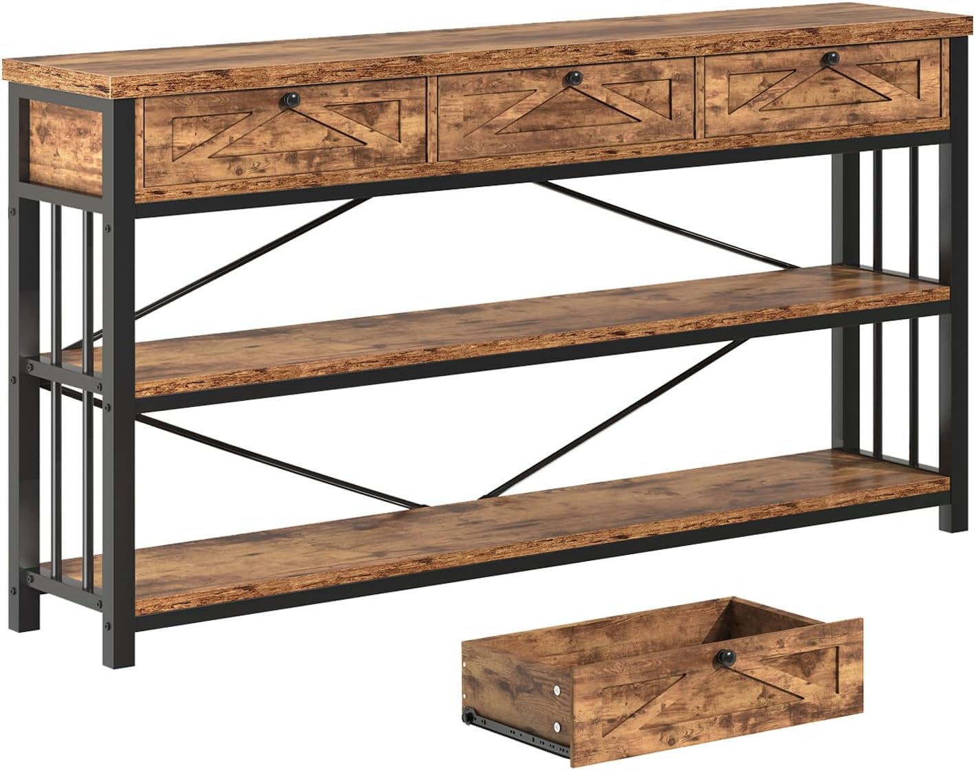 HSH Entryway Console Table with 3 Drawers, Wood Metal 3 Tier Sofa Table with Storage Shelf for Hallway, Farmhouse Industrial Entry Tables Behind Couch for Living Room Kitchen, Rustic Brown, 55 inch