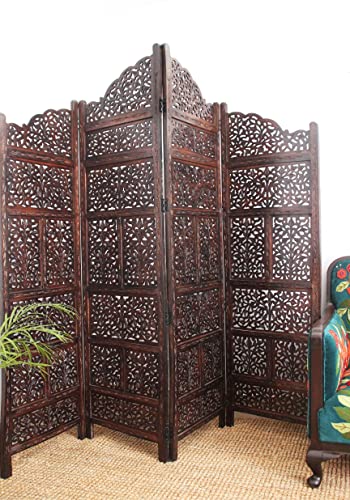 Room Divider Wood Screen - Ghanti Bells Antique Brown - 4 Panel Folding 72 x 80 - Assembled Hand Carved Decorative Functional Versatile Portable Partition Reversible Privacy Boho - COTTON CRAFT