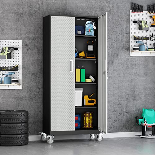 Tall Metal Garage Storage Cabinet, 72" Tool Storage Cabinet Utility Locker with Wheels, Adjustable Shelves & Locking Doors- Pantry Cabinets for Kitchen, Classroom, Bathroom, Basement Organization