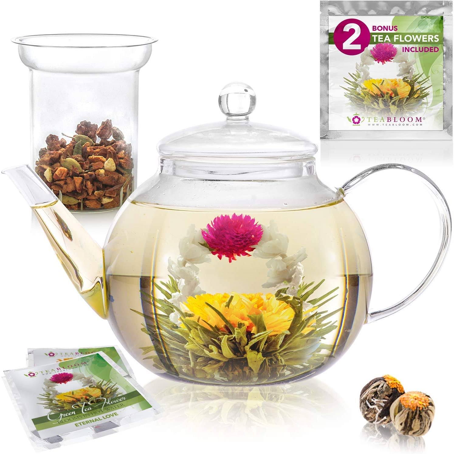 Teabloom Glass Teapot with Infuser - 34 oz Heat Resistant Borosilicate Glass Teapot - Great for Flowering Tea and Loose Leaf Tea