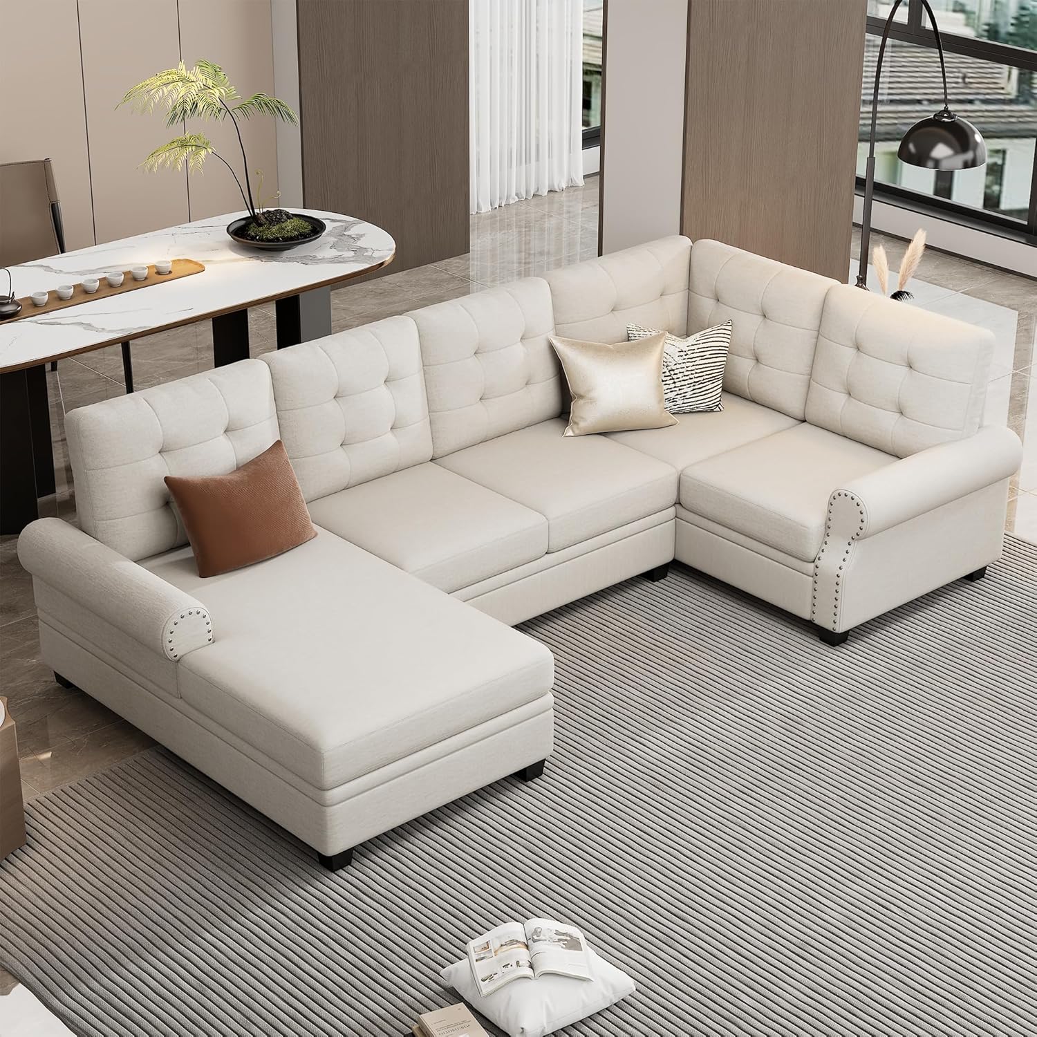 120" Corner Sectional U-Shaped Oversized, Upholstered Modern Tufted Backrest and Nailhead Trim Armrest, Space-Saving Linen Fabric Sofa Couch for Living Room,Bedroom,Beige