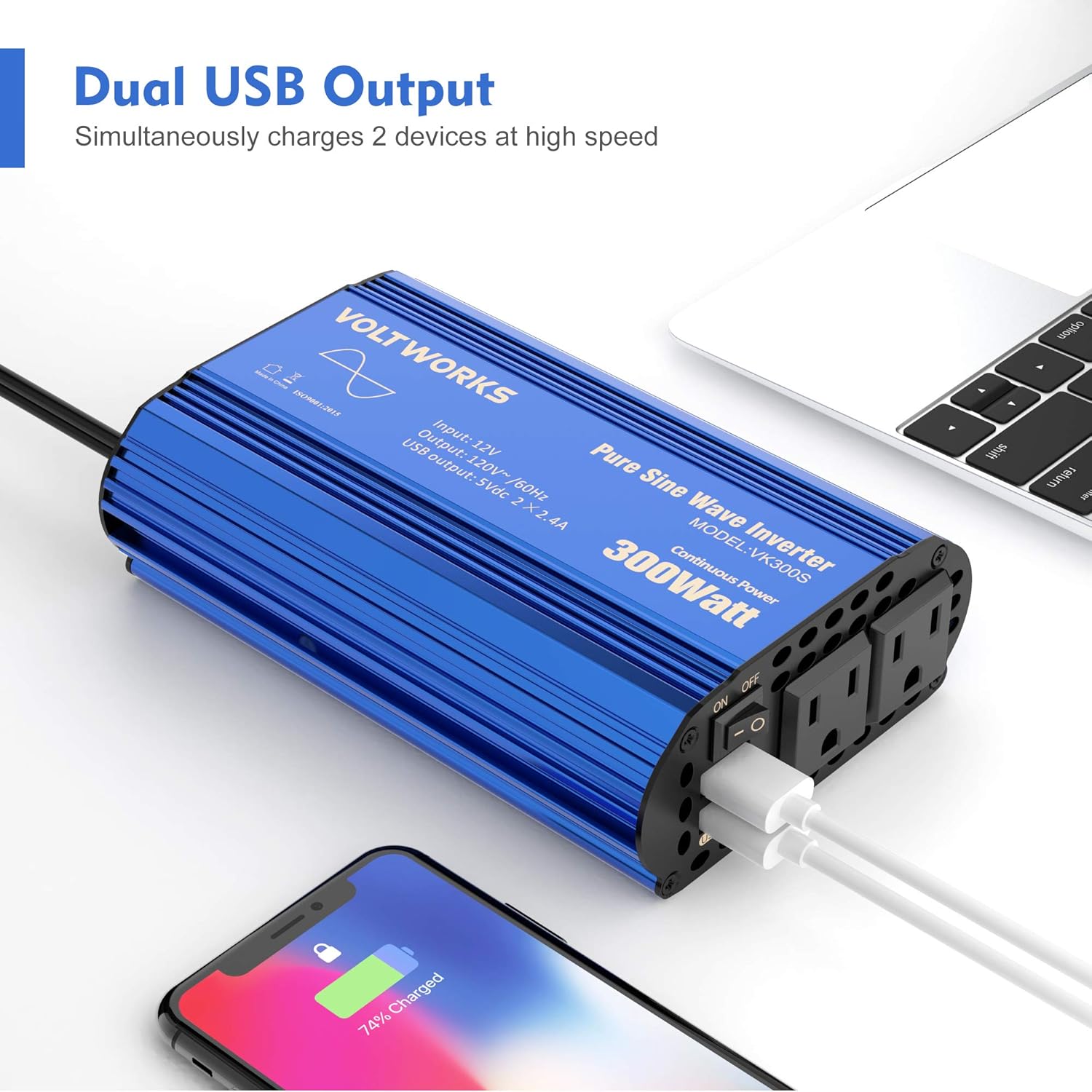 VOLTWORKS 600 Watts Pure Sine Wave Power Inverter 600w DC 12V to AC 110V 120V with Dual 2.4A USB Port & LCD Display Two AC Outlets for Car Truck RV