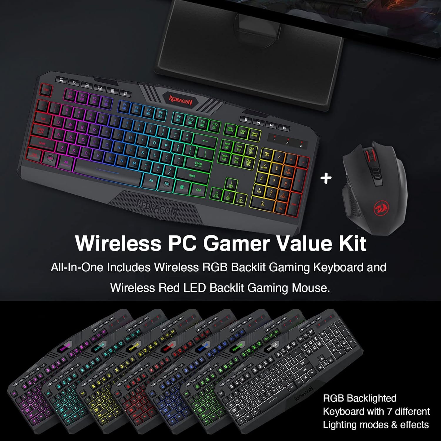 Redragon S101 Wireless Gaming Keyboard and Mouse Combo, RGB LED Backlit Keyboard, and Red Illuminated Mouse for Windows PC Gamer