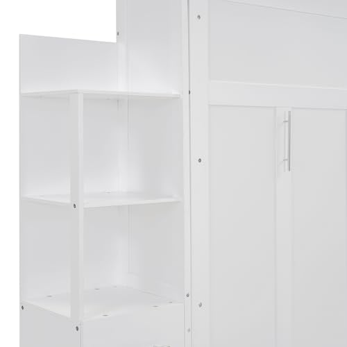 P PURLOVE Queen Size Murphy Bed,Solid Wood Murphy Cabinet Bed with Shelves and LED Lights,Wall Bed for Guest Room,Study,Office,White