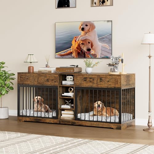 GarveeHome 82” Double Dog Crate Furniture, Large Dog Kennel Indoor for 2 Dogs, Heavy Duty Wooden Dog Crate TV Stand with 4 Drawers and Shelves, White