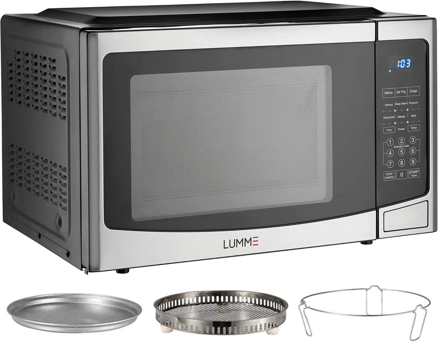 Lumme Microwave Air fryer Dehydrator Oven Toaster Combo Multifunction 4 in 1 Countertop Microwave 30L Stainless Steel 3 Accessories Included Large Capacity