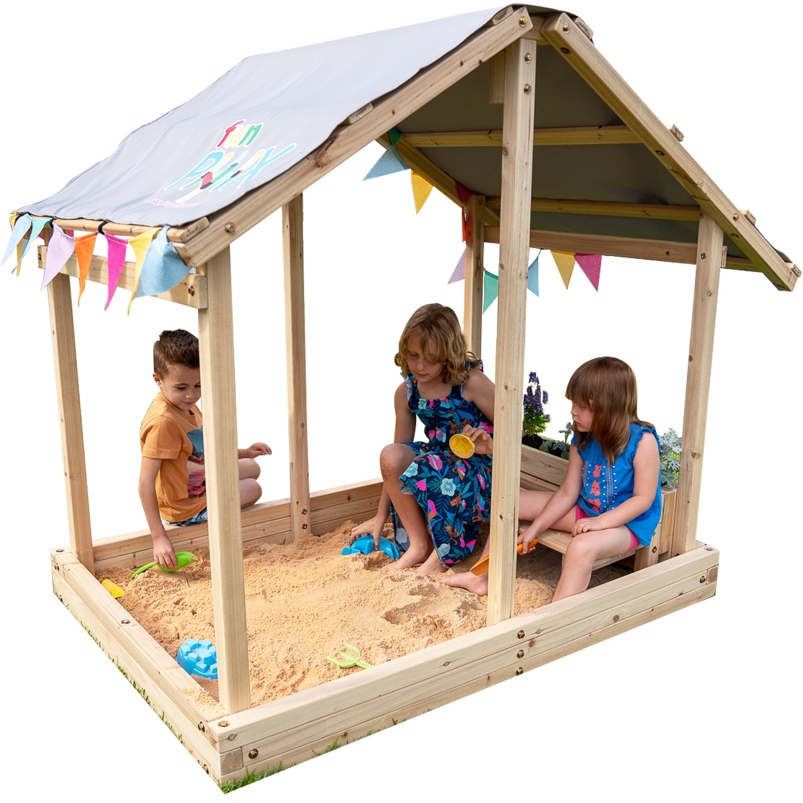 Kids Sandbox Outdoor Playset -Funphix Dig n Play Sandbox with Canopy, Bench, & Flower Planter - Promote Learning & Fun Play with Durable & Easy to Assemble Playsets for Backyard Sand Toys