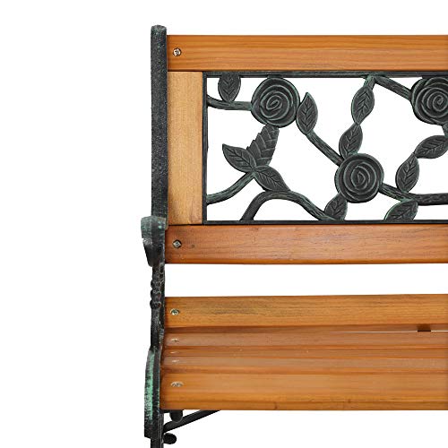 Outdoor Garden Bench, Antique Patio Bench with Cast Iron and Hardwood Frame, Weather Proof Porch Outdoor Loveseat with Rose Style Back for Backyard, Deck, Lawn