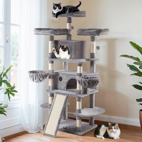 HOOMIC 68-Inch Multi-Level Cat Tree Tower for Large Cats/Cat Condo/Cozy Plush Cat Perches/Sisal Scratching Posts/Baskets/Wide Base Board/Cat Activity Center/Beige