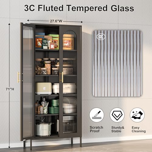 71" Display Cabinet with Glass Doors, Curio Cabinet with 4 Adjustable Shelves, Glass Cabinet Display Cases for Collectibles,Black Tall Metal Cabinet for Home Office,Living Room,Kitchen