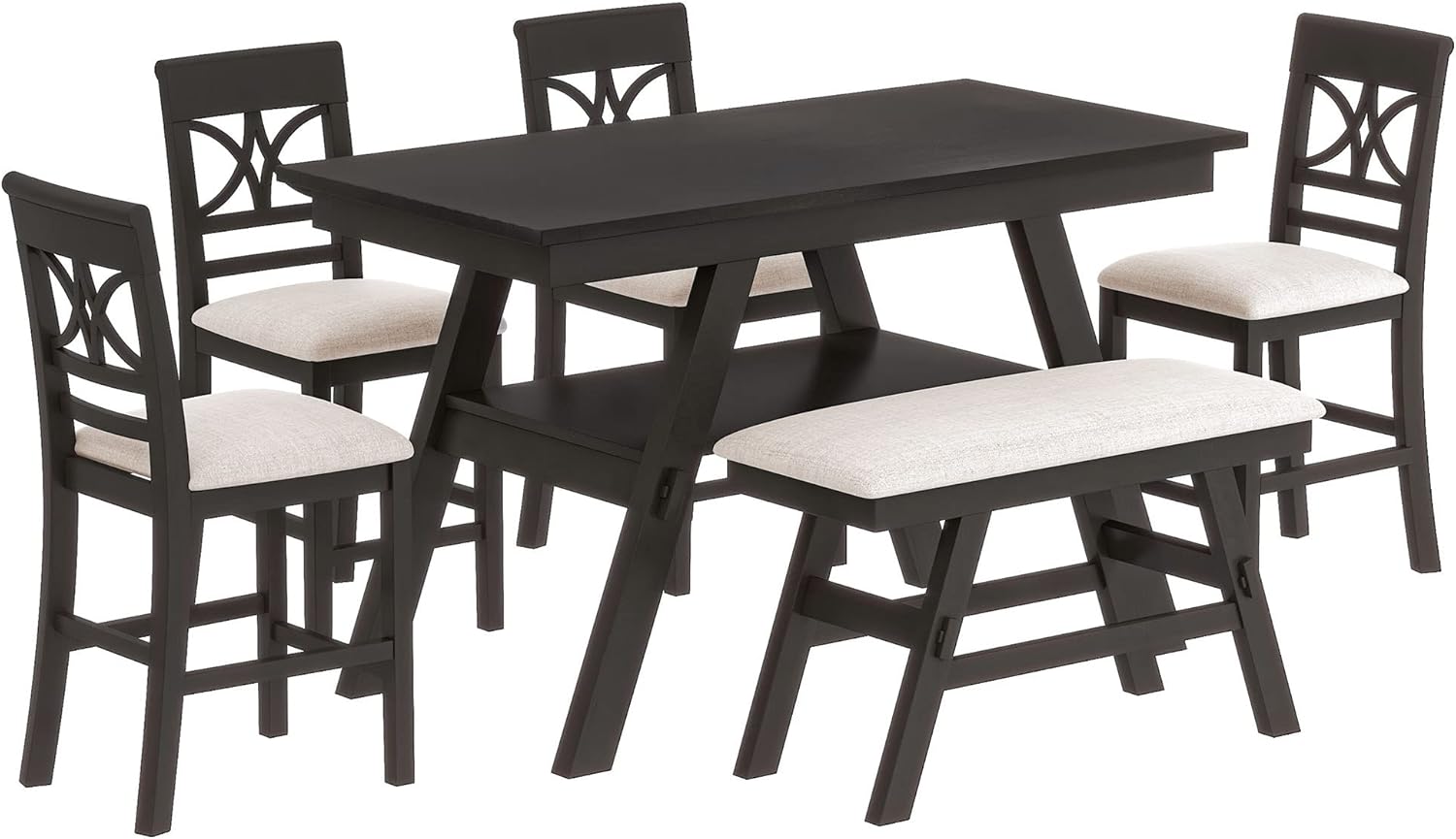 LUMISOL Dining Table Set for 6, Farmhouse Kitchen Table Set with Storage Shelf, 4 Upholstered Chairs and 1 Bench, 6 Piece Counter Height Dining Table Set for Kitchen, Dining Room, Espresso+ Beige