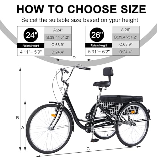 Versatile 24/26-Inch 3-Wheel Adult Tricycle with 7-Speed Gearing and Spacious Basket for Comfortable Riding and Storage for Recreation, Shopping, Picnics