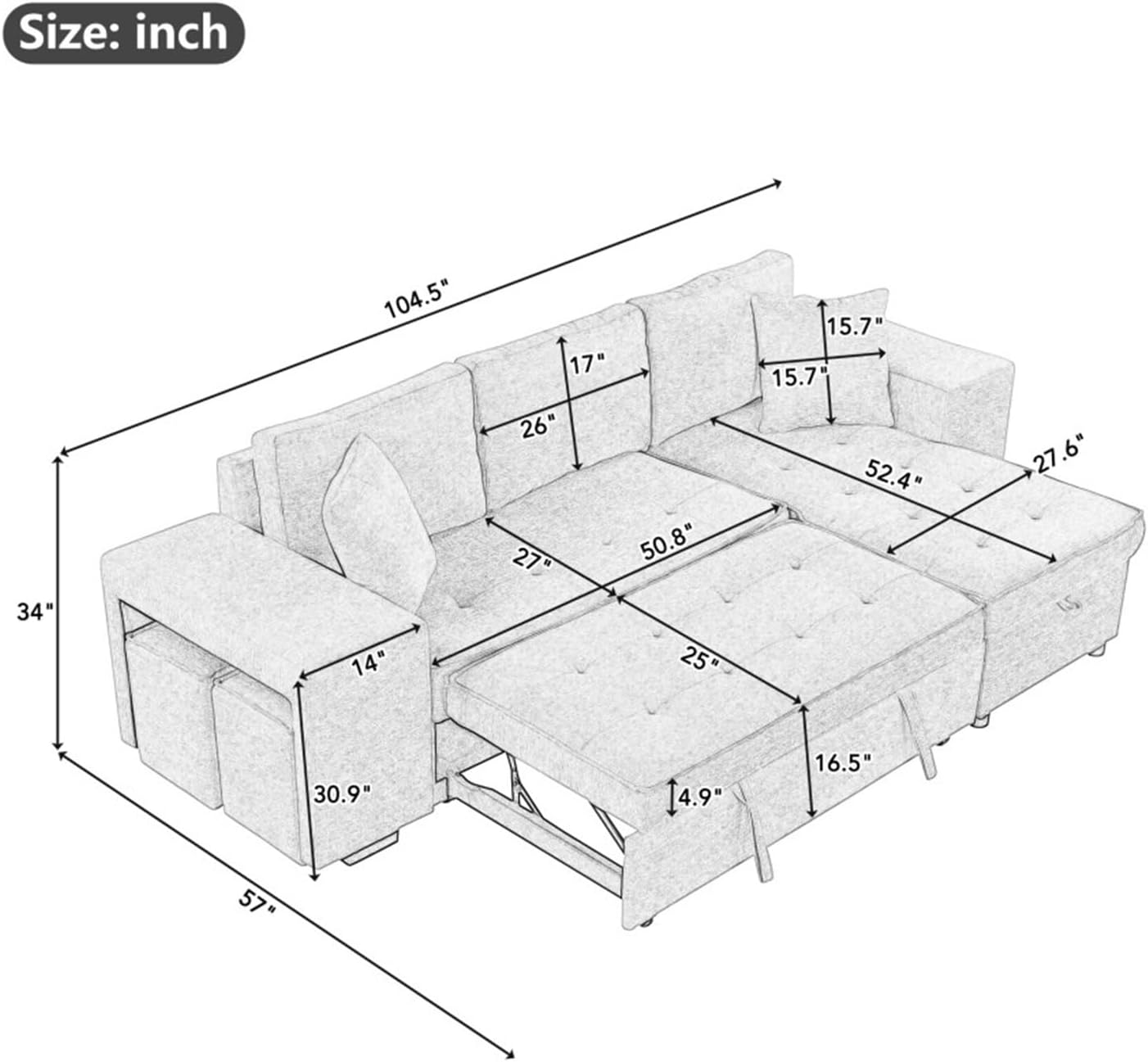 TONDI 104"" Modern L-Shape 3 Seat Reversible Sectional Couch, Pull Out Sleeper Sofa with Storage Chaise Charcoal Grey,Sofa Couch, qz-7461